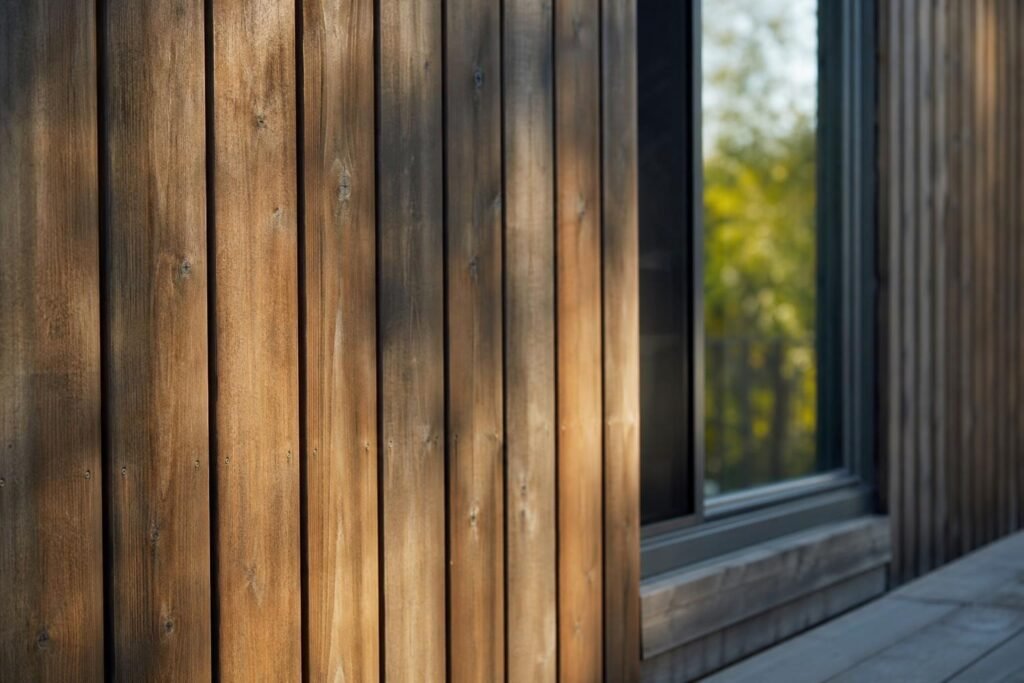 Bardage en bois d'une façade, détail de la texture et de la patine