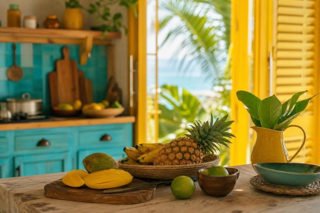 Cuisine colorée baignée de lumière tropicale aux Antilles