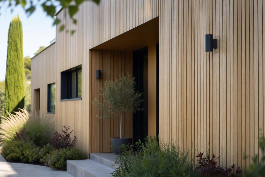 Façade de maison contemporaine habillée d'un bardage en bois vertical