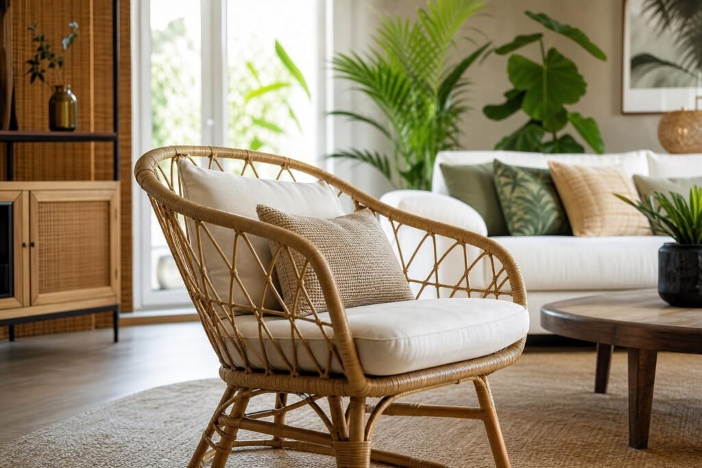 Fauteuil en rotin tressé dans un salon lumineux aux influences tropicales