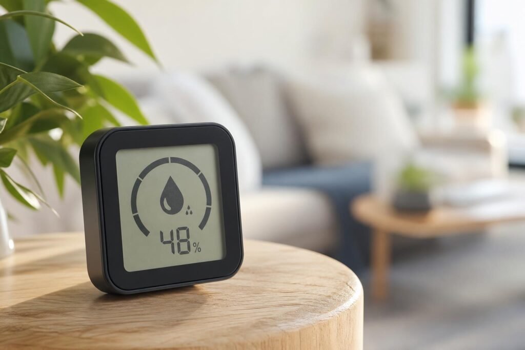 Hygromètre posé dans un intérieur lumineux, affichant le taux d'humidité de la pièce