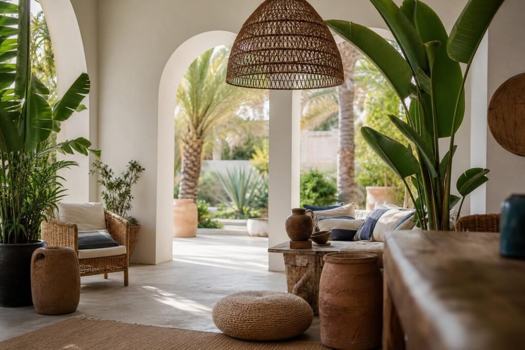 Intérieur mêlant décoration méditerranéenne et tropicale, lumière naturelle et matières naturelles