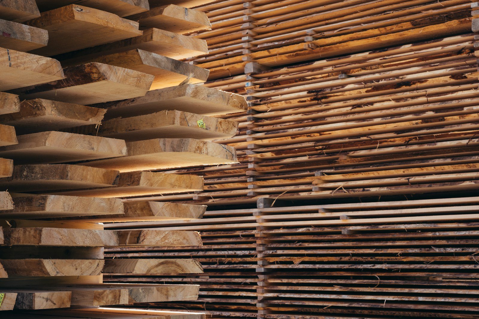 Lames de bois exotique empilées avant la pose
