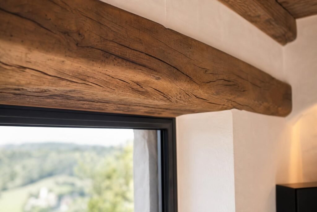Linteau en bois massif au-dessus d'une ouverture de fenêtre