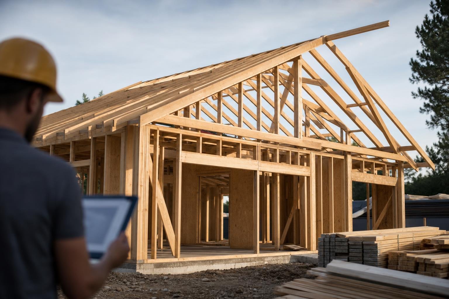 Maison à ossature bois en cours de chantier, charpente posée