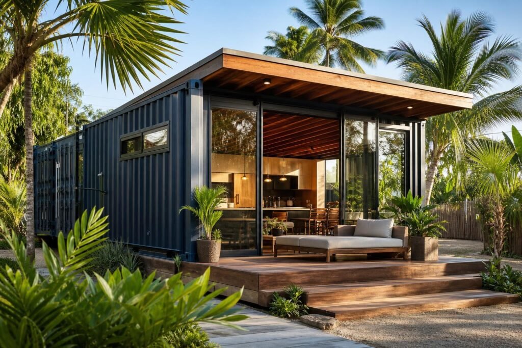 Maison container en acier posée sous un climat tropical