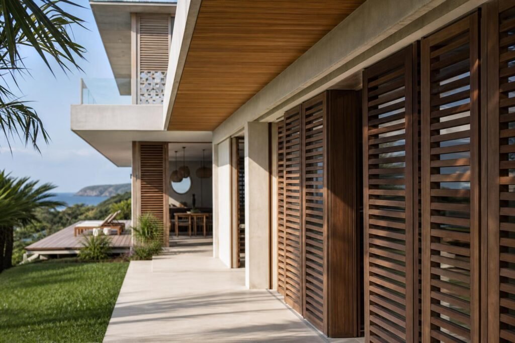 Maison contemporaine aux Antilles associant bois, béton clair et brise-soleil ajouré