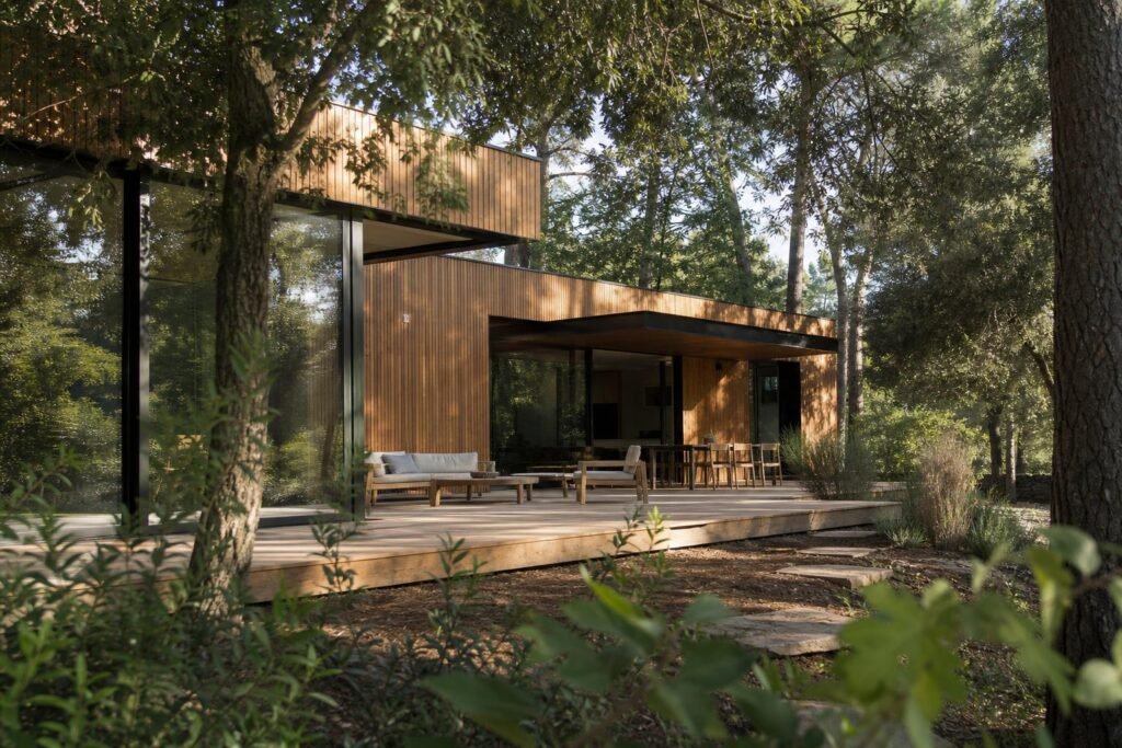 Maison en bois moderne aux grandes ouvertures, entourée de végétation