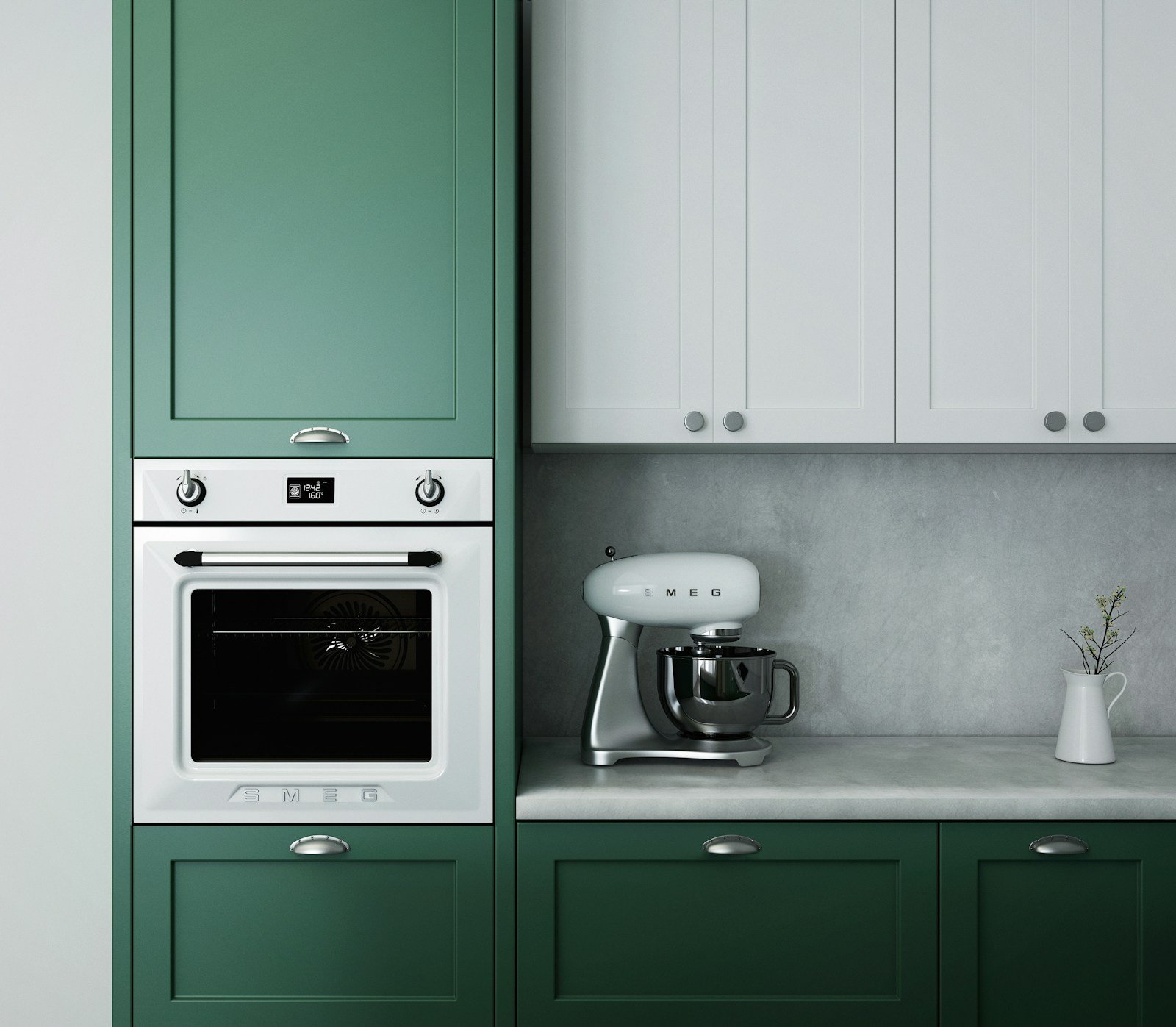 Meubles de cuisine vert sauge sous lumière tropicale