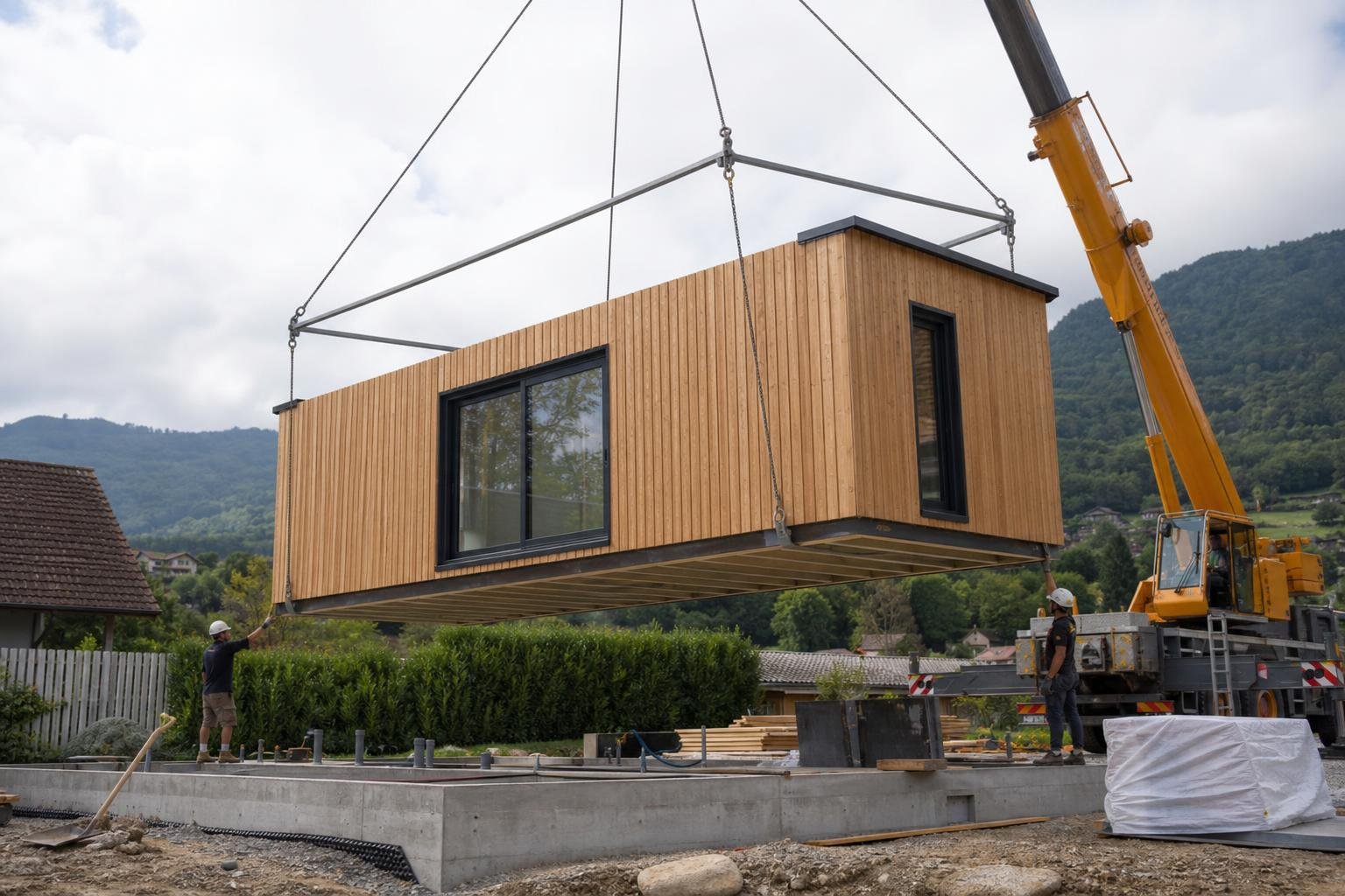 Module à ossature bois déposé à la grue sur ses fondations