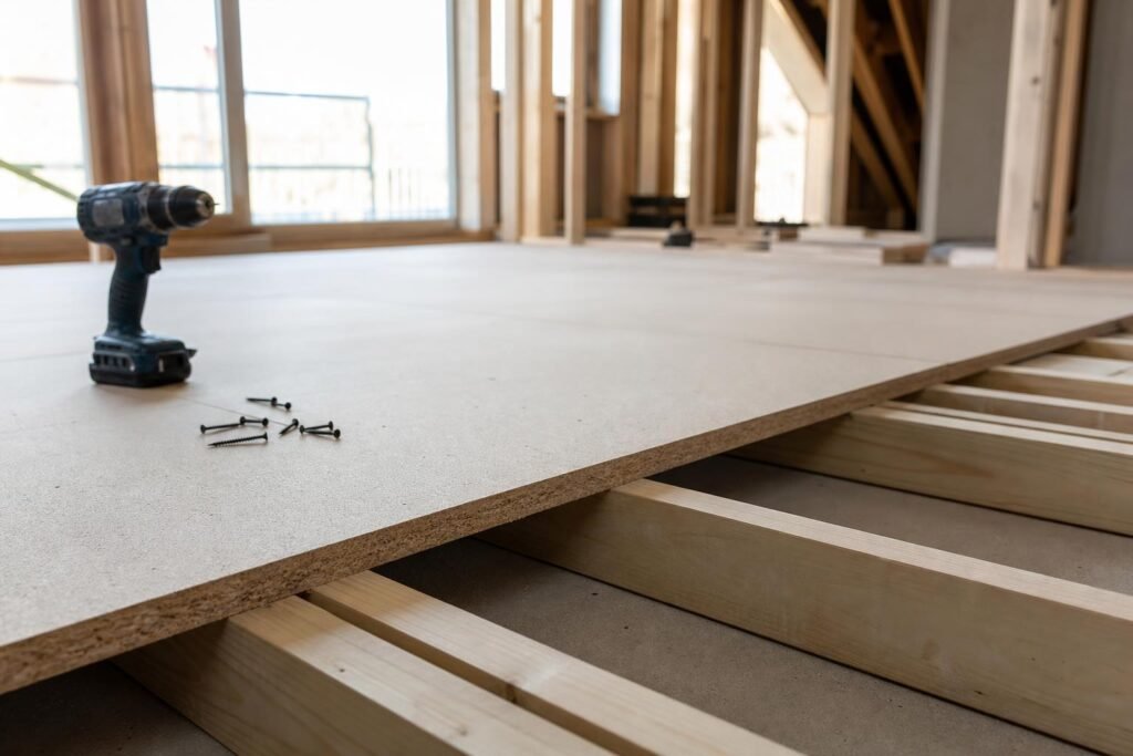 Panneaux de plancher en aggloméré posés sur des solives en bois
