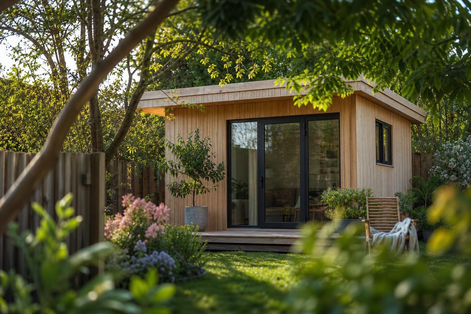 Petit bungalow en bois clair posé au fond d'un jardin planté