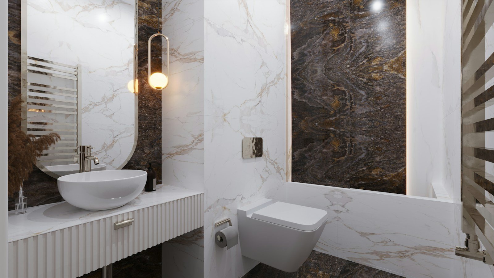Petit WC moderne en noir et blanc, décoré avec des accents dorés