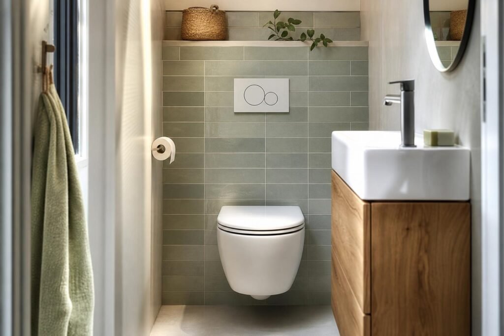 Petits WC modernes et lumineux, décorés avec des matériaux résistants à l'humidité