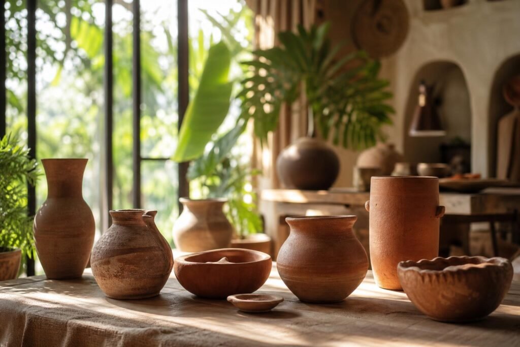Poteries et objets en terre cuite dans un intérieur baigné de lumière tropicale