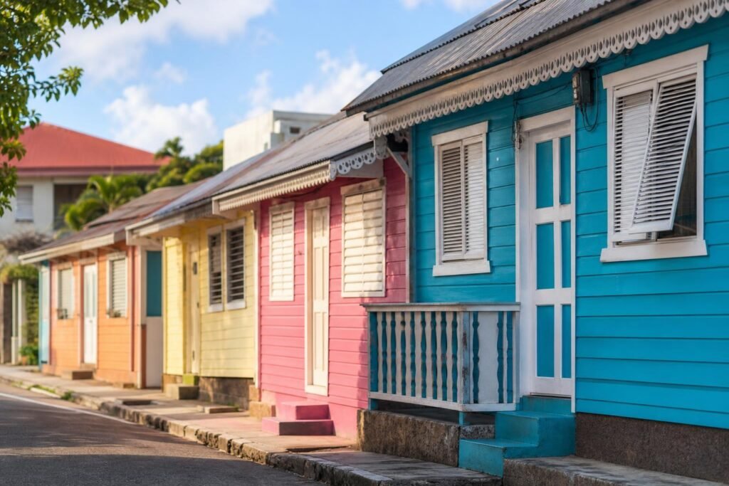 Rangée de maisons créoles traditionnelles aux façades en bois colorées, Antilles
