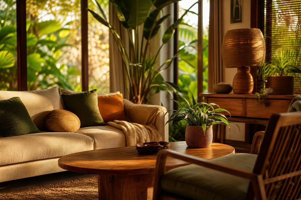 Salon tropical à l'ambiance cocooning, lumière chaude en fin de journée