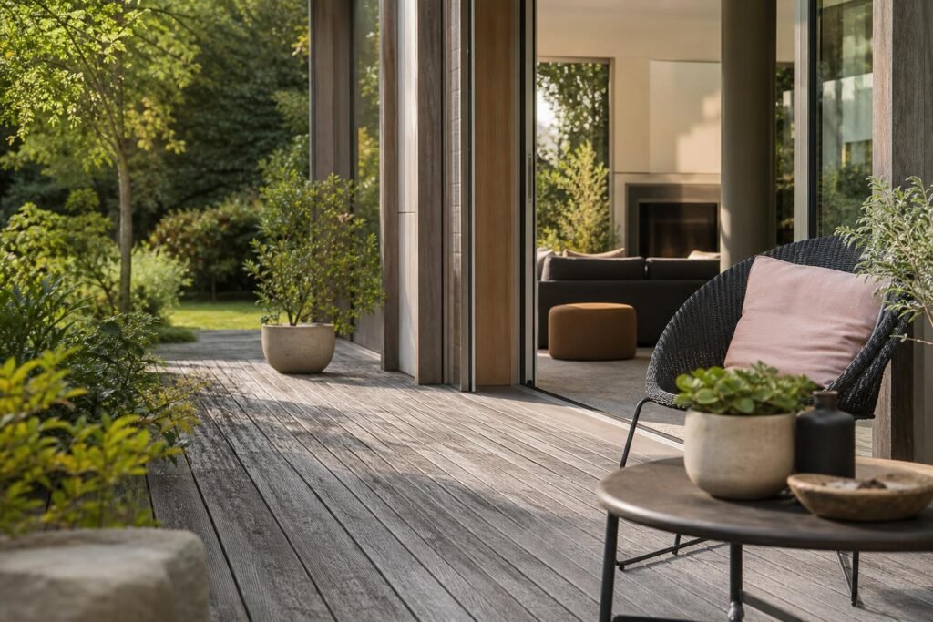 Terrasse en bois grisée par le temps, prolongeant une pièce de vie vers le jardin
